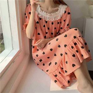 Douce princesse lâche chemise de nuit vente impression doux coton Chic été décontracté Homewear robe pyjamas 210525