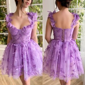 Dulce púrpura vestidos cortos de regreso a casa apliques de encaje de espagueti mini vestido de cóctel de regreso a casa