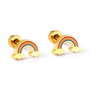 Dulces pendientes de arcoíris para mujer, pendientes de concha de fresa con nubes de acero inoxidable chapado en oro esmaltado, regalo de joyería romántica