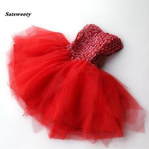 Sweet Red Crystal Tulle Korte Cocktailjurken Off Shoulder Blush Roze Mini Formele Feestjurk Prom Jassen Robe De Cocktail191B