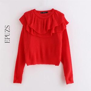 Zoete rode gebreide truien vrouwen trui casual ruches Koreaanse warme knitwear 210521