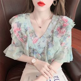Zoete gegolfde chiffon shirt dames Koreaanse zomerjurk ontwerp gevoel voor westerse stijl en dun bloemenshirt 220613