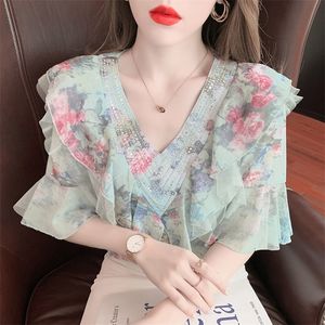 Chemise en mousseline de soie à volants pour femmes, robe d'été coréenne, design, sens du style occidental et chemise florale fine, 220613