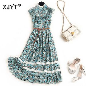 Zoete Ruches Patchwork Floral Gedrukt Runway Fashion Summer Dress Dames Elegante Mouwloze Midi Holiday Beach Vestidos 210601