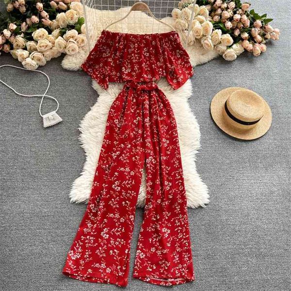 Sweet Ruffles Slash Neck Off épaule manches courtes femmes Jumpsuit Sash Lace up Wide Leg Floral Print Holiday Beach Barboteuses 210603