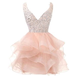 Sweet Sexy Backless Diepe V-hals Crystal Pailletten Mini Baljurk Homecoming Jurk met Beading Plus Size Graduation Cocktail Prom Party Gown BH04