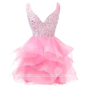 Doux Sexy Dos Nu Col En V Profond Paillettes De Cristal Mini Robe De Bal Robe De Bal Avec Perles Plus La Taille Graduation Cocktail Bal Pa217o