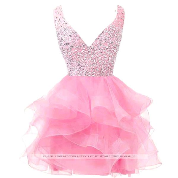 Dulce sexy sin espalda con cuello en V profundo Lentejuelas de cristal Mini vestido de fiesta Vestido de fiesta con cuentas Tallas grandes Cóctel de graduación Prom Pa217o