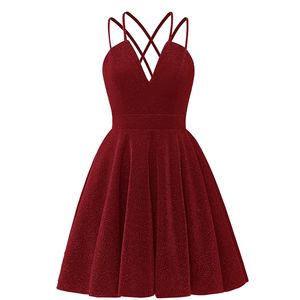 Zoete Sexy Backless Diepe V-hals Mini A-Lijn Homecoming Jurk met Satijn Criss-Cross Plus Size Graduation Cocktail Prom Party Gown BH02