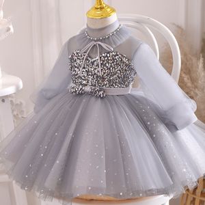 Robes de demoiselle d'honneur à col haut en argent doux, robes d'anniversaire pour filles, jupe de fête pour filles, robe de tous les jours, vêtements de fête pour enfants SZ 2-12 D322108