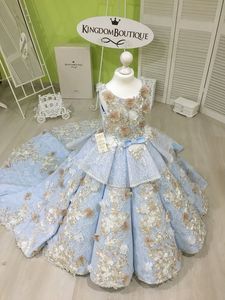 Zoete hemel blauwe bloem meisje jurken prinses juweel hals kant meisjes formele feestjurken een lijn 3D geappliceerd verjaardag jurk Pageant jassen