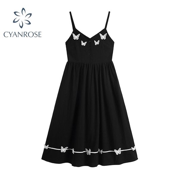 Doux Spaghetti Strap Robe Noire Femmes Sans Manches Mince Élégant Party Club Mi-Longs Robes D'été Élégant Rok Y2K Vestidos 210515