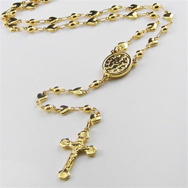 Collier chapelet doré en acier inoxydable, Style doux, 5mm, cadeau pour femmes et filles, perles religieuses, croix de Jusus, cœurs Crucifix218K