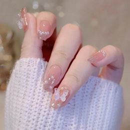 Zoete zomer nep nagels patches roze glitter naakt druk op nagels vrouwen draagbare spijker kunststickers volledig afgewerkt vals nagel