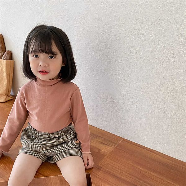 Dulce temperamento encaje cuello camisetas para bebés niñas invierno sólido manga larga casual Tops niños pequeños 1-7Y 210615