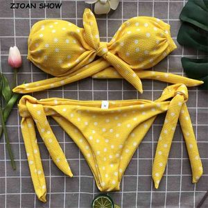 Sweet Tie Bow Dot Imprimer Bikini Off Épaule Push-Up Boho Taille Haute Maillot De Bain Sans Bretelles Deux Pièces Maillots De Bain Beachwear 210429