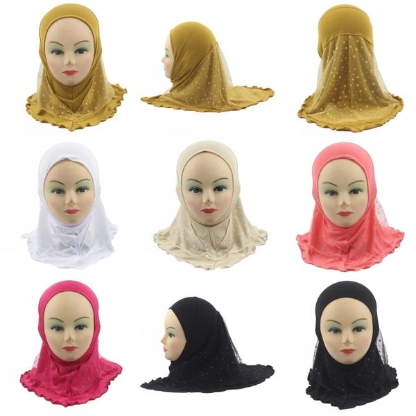 Doux vent fille coiffure enfants musulmans couleur unie enveloppé Turban arabe couleur bonbon couture petite fleur Tulle Hijab mode