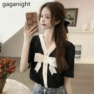 Femmes douces Bow Tshirt manches courtes Mode Bureau Lady V Col Été Japonais Tee Shirt Plus Taille Chic Élégant Tops 210601