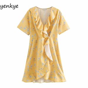 Sweet Women Floral Print Ruffle Jurk Moderne Vrouwelijke V-hals Korte Mouw Sundress A-Line Mini Zomer Elegante Lady Jurken Robe 210514