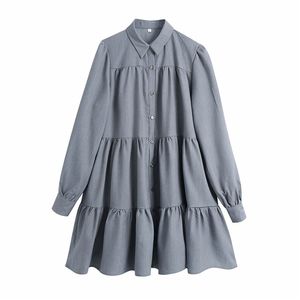 Femmes douces gris patchwork robes mode dames drapé mini chemise-robe élégante femme chic bouton lâche robes 210427