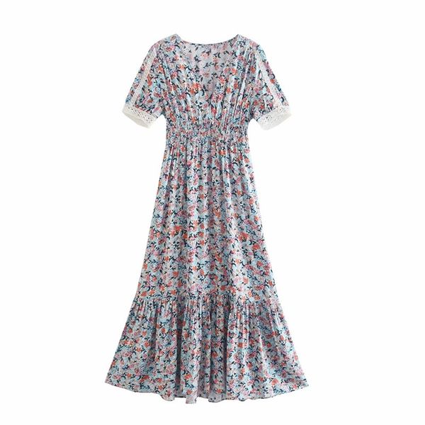 Doux femmes O cou dessiner dos a-ligne robe été mode dames plage Style femme imprimé Midi 210515