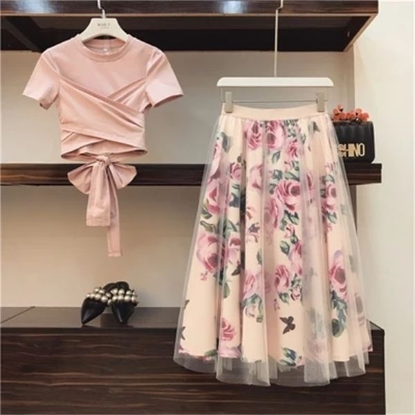 Sweet Women Print Rose Set 2019 Printemps Eté Mode Bandage Croix Coton Blouses Tops et Long Midi A-ligne Jupes Costume T200702