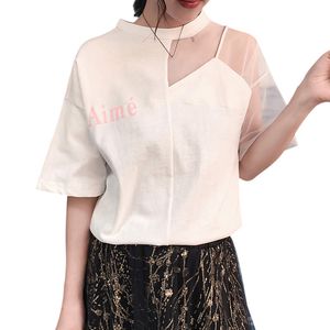 Camiseta de mujer dulce costura suelta de manga corta cuello redondo Casual malla femenina Top para mujer estilo coreano