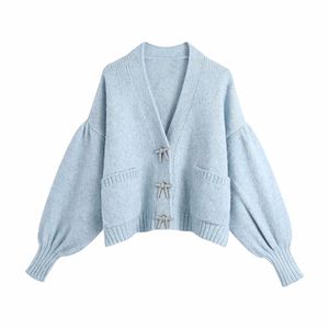 Sweet Women Sky Blue Sweater Mode Dames Diamanten Button Jassen Elegante Vrouwelijke Chic Gebreide Puff Sleeve Cardigan 210430