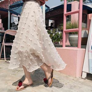 Sweet Women Solid Mesh Chiffon Midi Jupe Femme Herfst Elastische Hoge Taille Maxi Lange Rokken Casual Een lijn 10010 210417