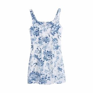 Zoete vrouwen vierkante kraag jurk zomer mode dames chinese stijl vrouwelijke blauw wit porselein sling 210515