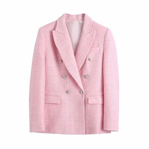 Sweet Women V Cuello Doble Chaqueta de pecho Primavera-Otoño Moda Damas High Street Coat Mujer Plaid Texture Blazer 210515
