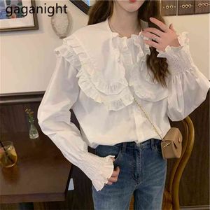 Dulce mujer camisa blanca de manga larga cuello Peter Pan volantes Oficina señora camiseta Chic moda coreana Blusas primavera 210601