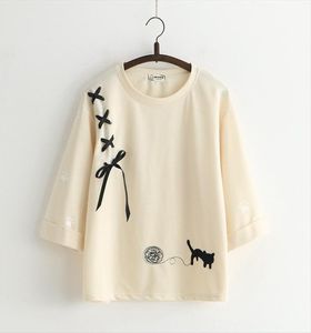 Sweet Women039s Robe Rope Laine Black Cat Broiderie Coton Sevensleeve Tshirt Tshirt Pullover Broidered Pullover femelle D8583448