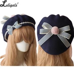 Dulce boina de marinero Lolita para mujer, sombrero de lana gótico con bonitos lazos para invierno 240229