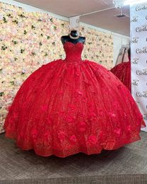 Sweetheart 3D Kralen Rode Bloemen Baljurk Quinceanera 2023 Sparkly Prinses Sweet 16 Jurk Vestidos Para Prom Partij Jassen s