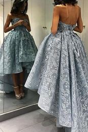 Lieverd Backless High Low Gray Lace Prom Dresses Lace 3D Bloem Appliques Lace-Up Back Sexy Bandage Formele feestjurken