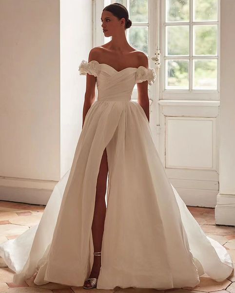 Vestido de novia de satén con abertura frontal, manga casquillo, escote en forma de A, cremallera trasera y botones, vestidos de novia hechos a medida