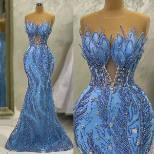 Sweetheart Design Mouwloze prom -jurken Flower zeemeermin Shining aanvragers kralen op tule vloerlengte op maat gemaakte plus size feestjurk Vestido de noite