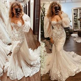 Sweetheart -jurken Berta Appliques Lace Wedding Mermaid Dress Puffy Mouwen Vintage Robe de Mariee Bridal Jurys