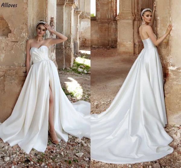 Chérie élégante Satin une ligne robes de mariée simple froncé Boho jardin robes de mariée sexy cuisse fendue tribunal train grande taille mariée réception Robes de Mariee YD