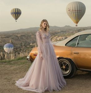 Sweetheart Lilac TuLle A-lijn blootgestelde uitbenen trouwjurk lange mouwen met 3D bloemen bruidsjurken boho op maat gemaakt abiti da sposa vestido de novia