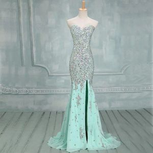 Sweetheart zeemeermin elegante mint prom jurken zijsplit kralen zilveren stenen avondjurken sprankelend sexy formele lange optocht aangepaste jurk