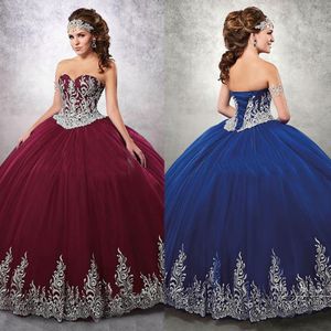 Sweetheart Applicaties Jurk Bordeaux Baljurk Met Kraaltjes Quinceanera Jurken Met Jasje Tule Lace-up Terug Sweet 16 Jurk