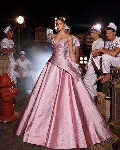 Sweetheart Pink Prom Dresses Pliegues fruncidos Glitter Party Evening Dress decoración de la cintura Vestido largo para ocasiones especiales