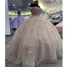 Sweetheart Pink Shiny Shiny Quinceanera -jurken Appliques Beading 3Dflowers afstuderen Balljurken TULLE ELEGENTE PRINSES 15