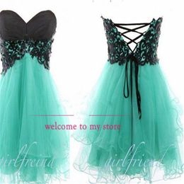 Sweetheart Galajurken met Zwart Kant Tule Lace Up Back A Line Puffy Short Homecoming Dress Party Gowns275k