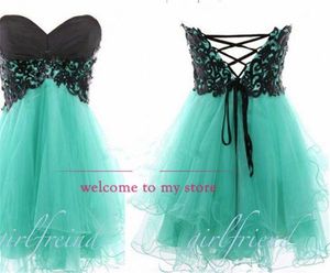 Sweetheart prom -jurken met zwarte kanten tule veter omhoog een lijn gezwollen korte homecoming jurken 239n