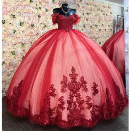 Lieverd Quinceanera Rode Glitterjurken 2023 Prinses Kanten Pailletten Optocht Feest Sweet 15 Baljurk