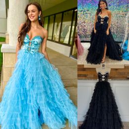 Vestido de noche con volantes y escote en forma de corazón con abertura Elegante vestido de fiesta largo para invitados a la boda Evento formal de invierno Noche de graduación Ocasión especial Desfile de ropa Azul claro Negro