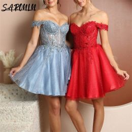 Sweetheart lovertjes Tule Mini Homecoming-jurken plus size dance party jurk kant appliques A-line korte prom-jurk
